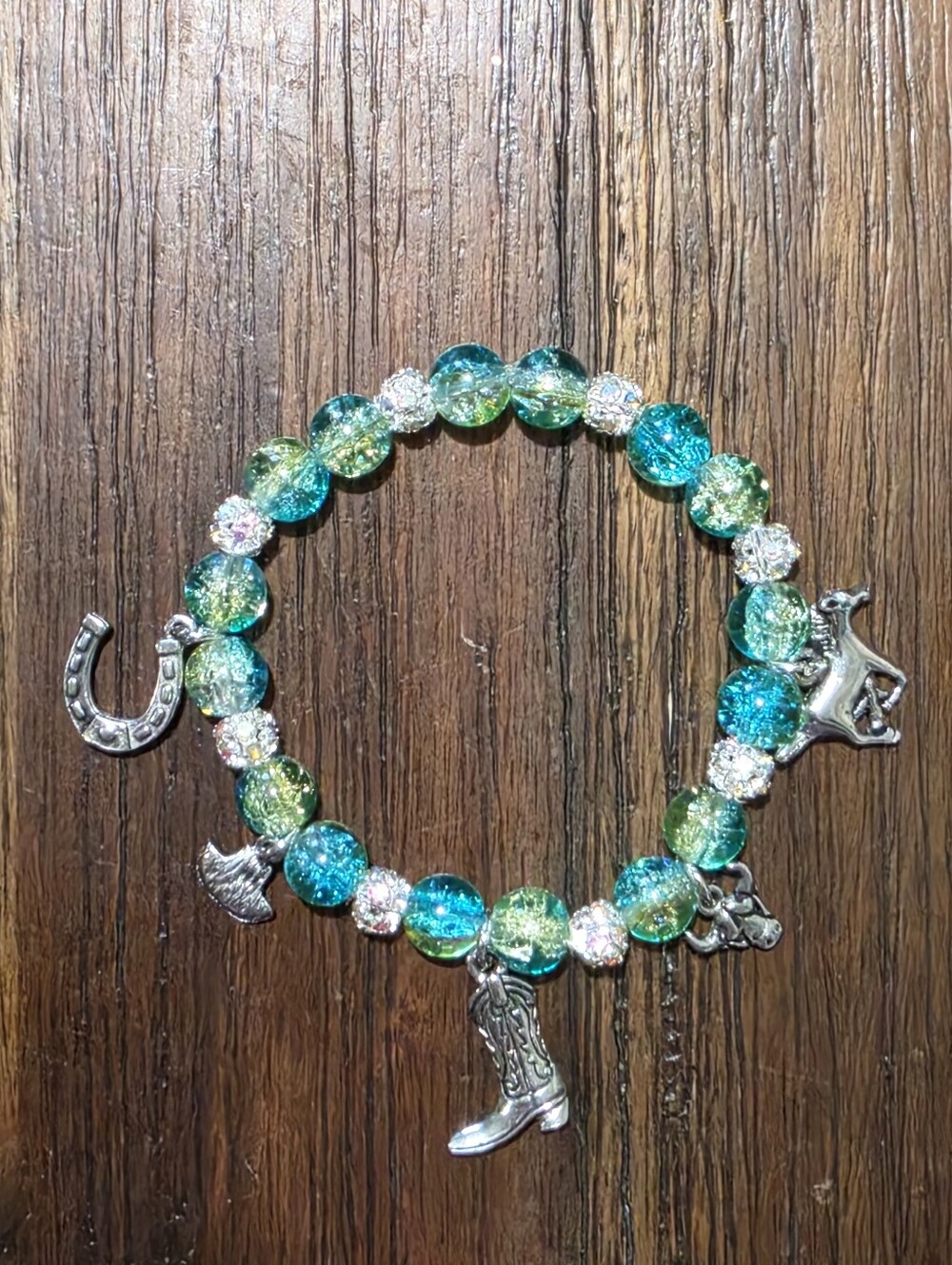 ​Western Teal Crackle Glass Bead Charm Bracelet | Cowboy Boot Horseshoe